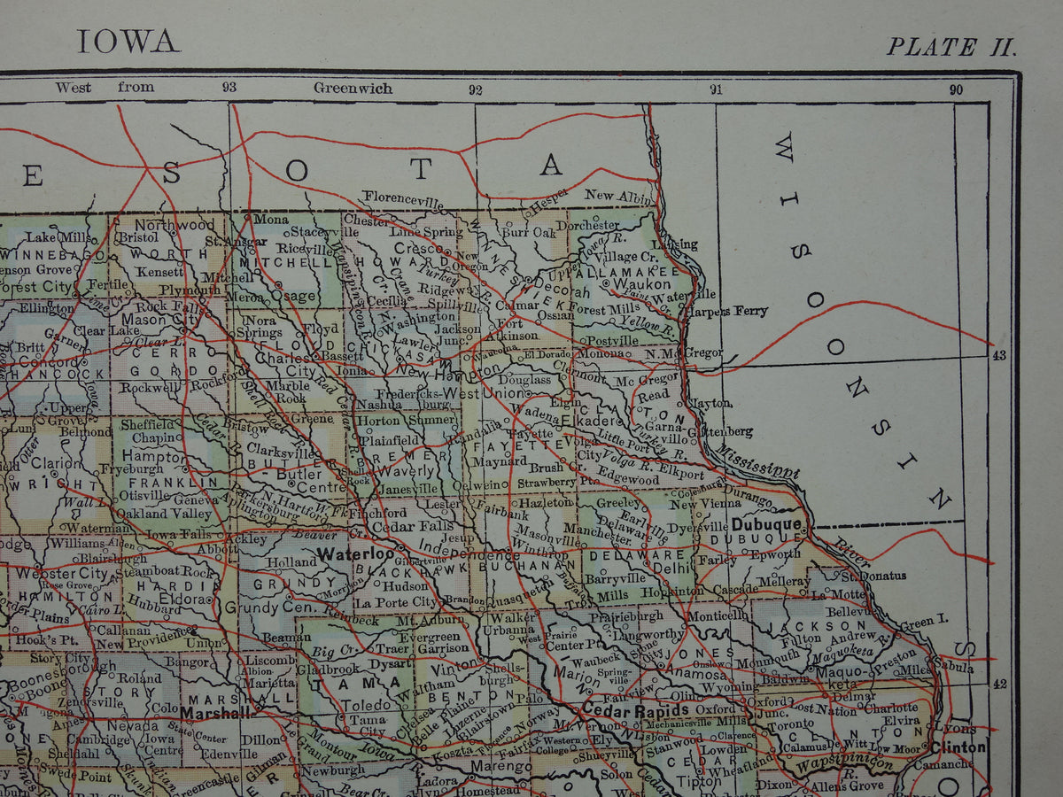 Old map of Iowa United States from 1880 original antique map state of Iowa