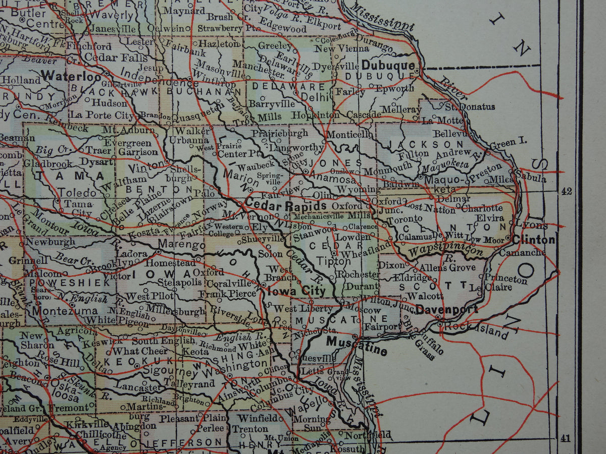 Old map of Iowa United States from 1880 original antique map state of Iowa