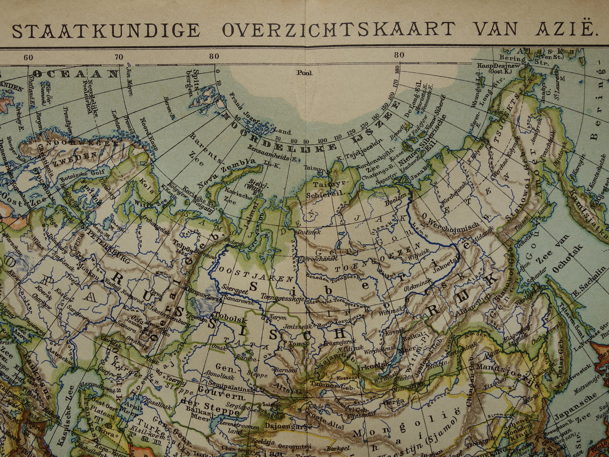 AZIË oude landkaart van continent Azië uit 1905 originele Nederlandse antieke kaart