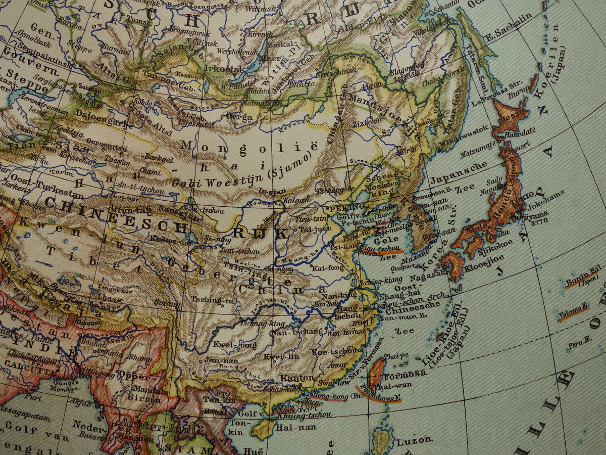 AZIË oude landkaart van continent Azië uit 1905 originele Nederlandse antieke kaart