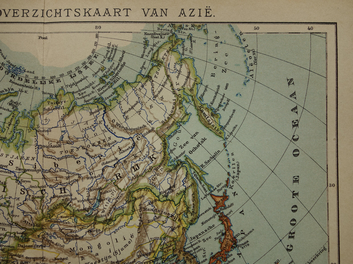 AZIË oude landkaart van continent Azië uit 1905 originele Nederlandse antieke kaart