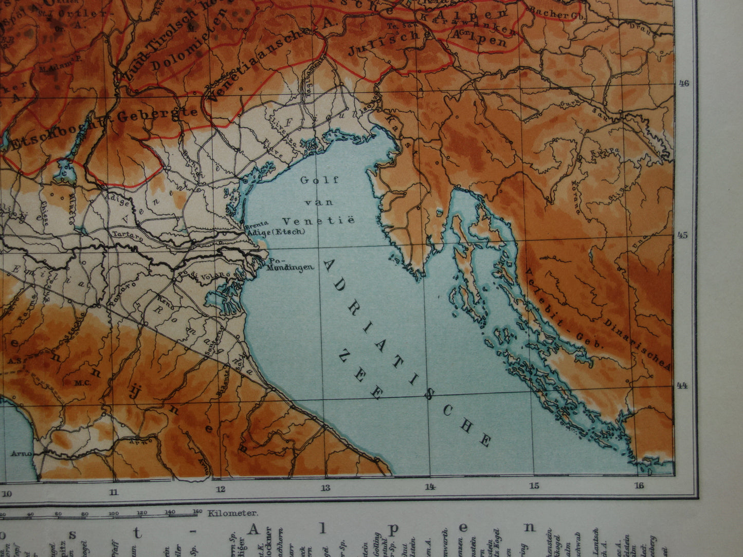 Old map of the Alps from 1914 - original vintage elevation map of the Alps antique map