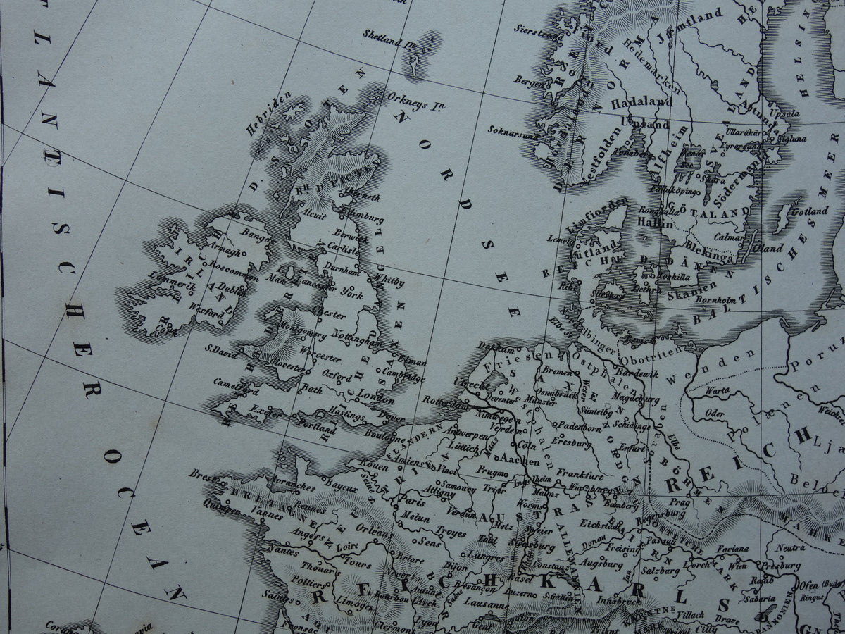 Antique map of EUROPE during Charlemagne 170+ year old map of continent from 1849 - original vintage historical maps Rijk Carolus Magnus