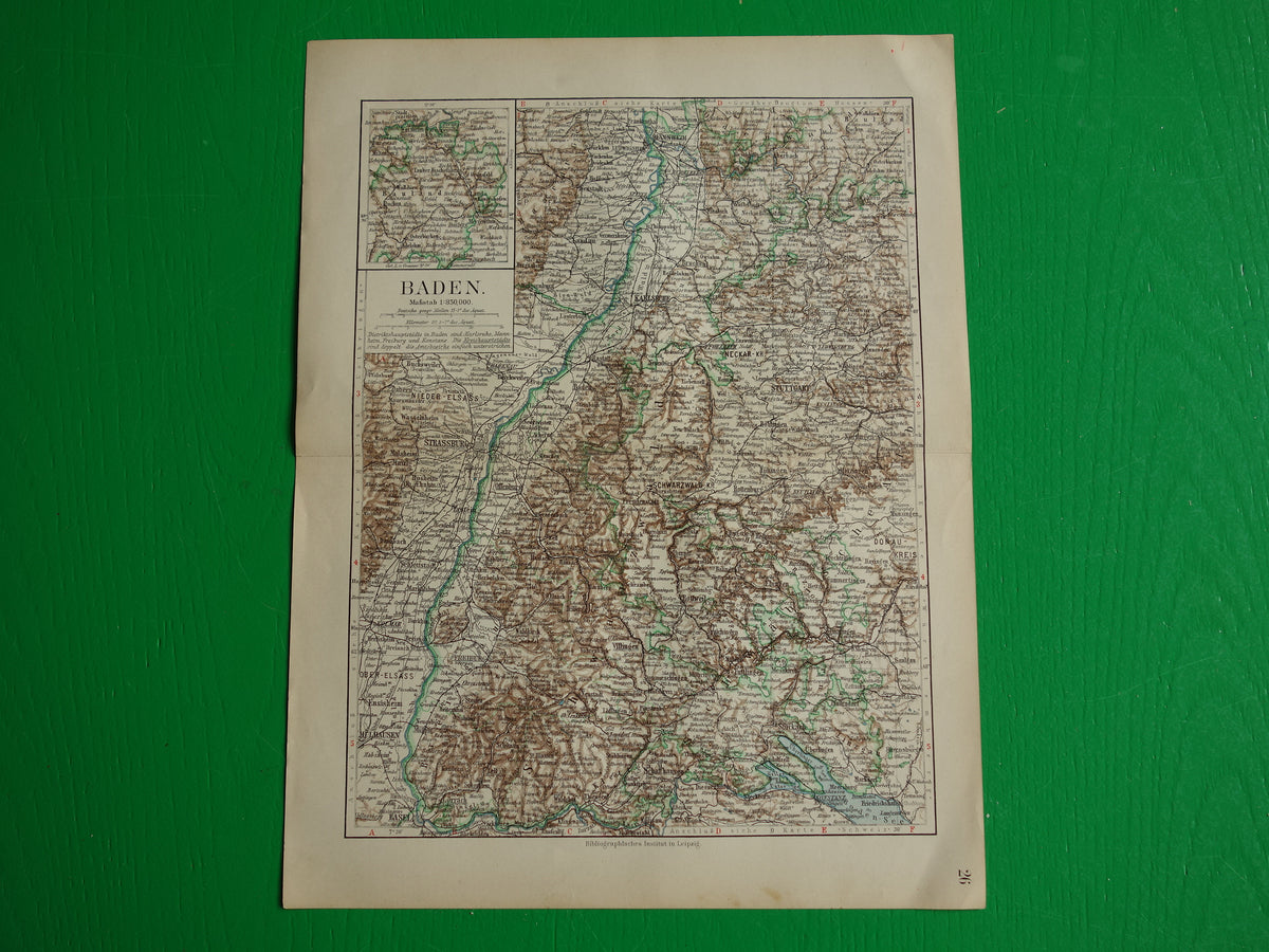 BADEN old map of Baden Germany 1913 original antique German map Stuttgart Karlsruhe