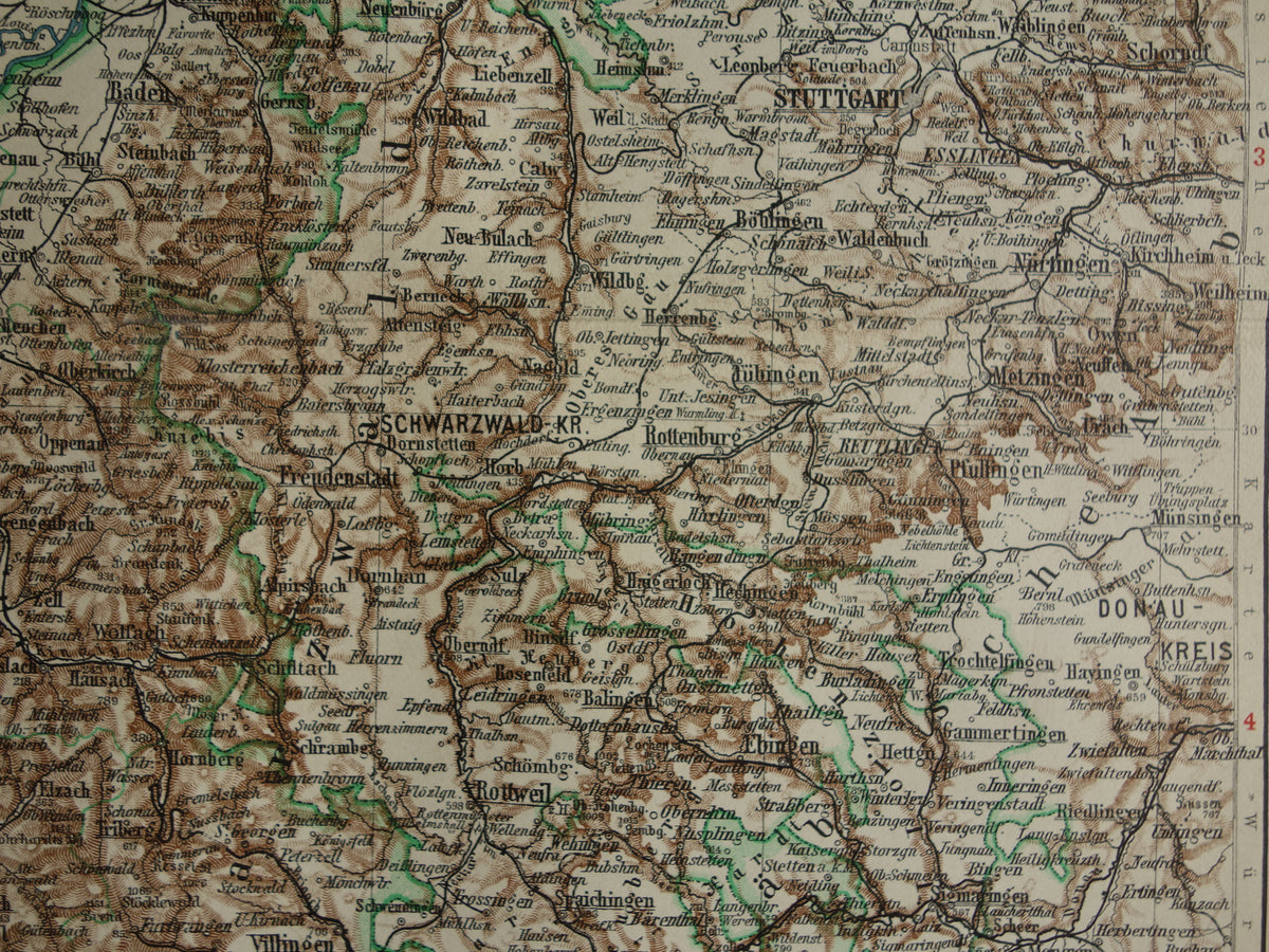 BADEN old map of Baden Germany 1913 original antique German map Stuttgart Karlsruhe