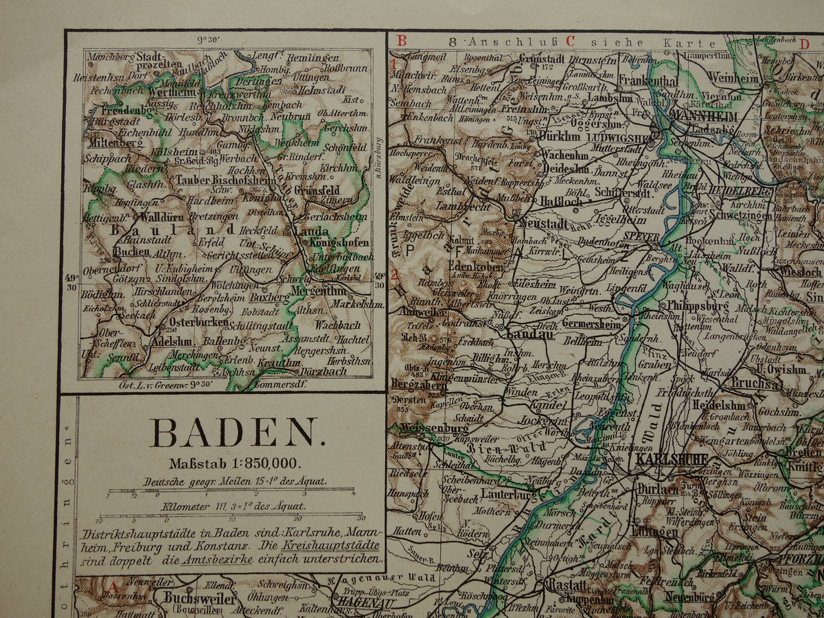 BADEN old map of Baden Germany 1913 original antique German map Stuttgart Karlsruhe