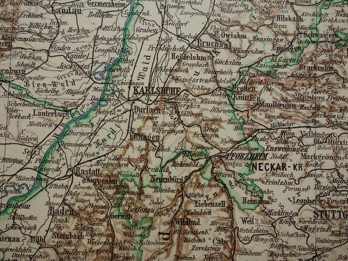BADEN old map of Baden Germany 1913 original antique German map Stuttgart Karlsruhe