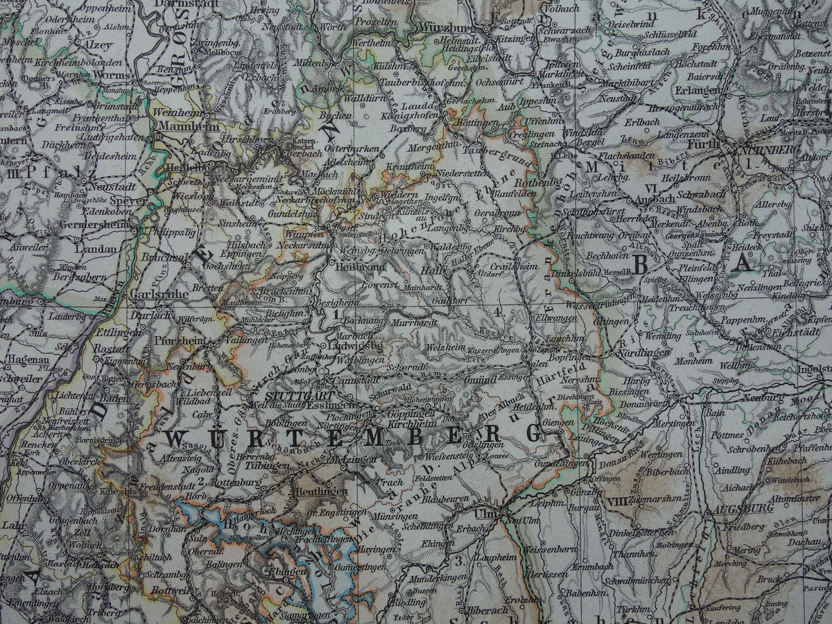 Oude landkaart van Zuid-Duitsland en Zwitserland originele 145+ jaar oude antieke kaart Elzas Lotharingen Württemberg Beieren