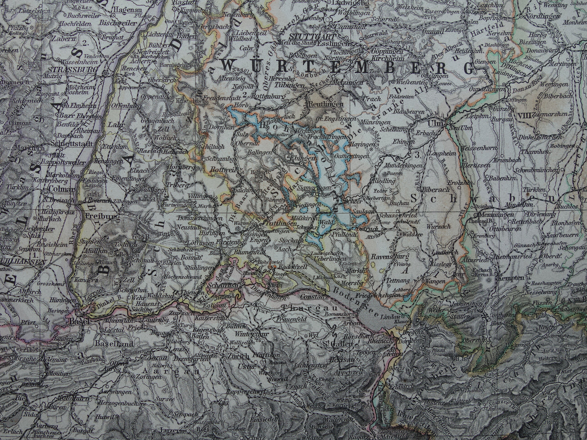 Oude landkaart van Zuid-Duitsland en Zwitserland originele 145+ jaar oude antieke kaart Elzas Lotharingen Württemberg Beieren
