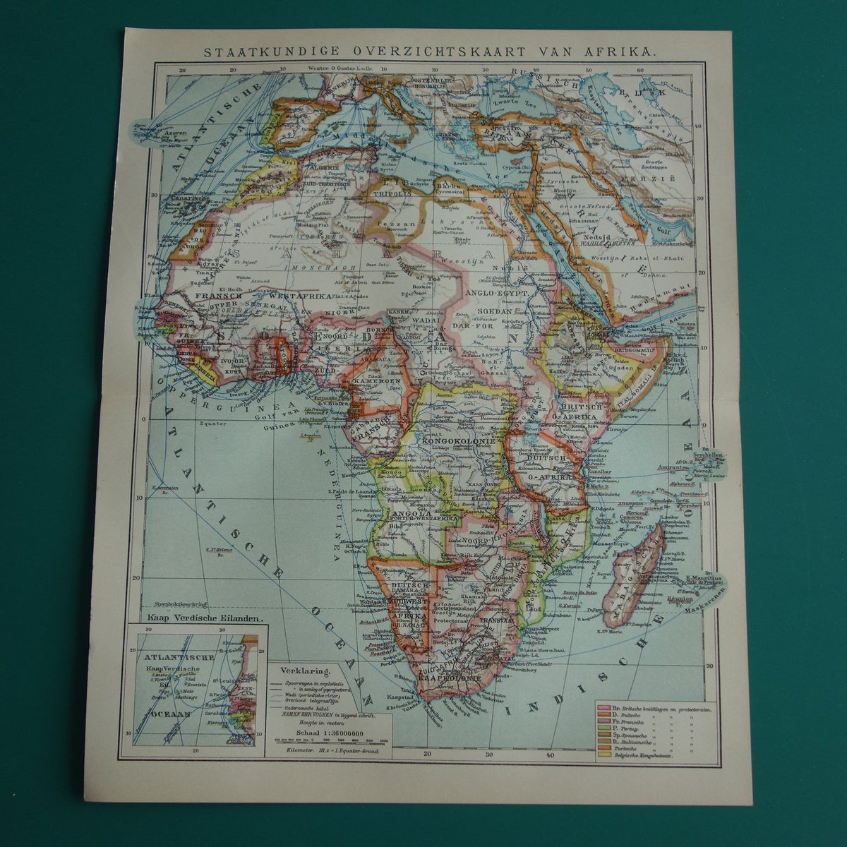 Antieke kaart van Afrika uit 1914 originele vintage landkaart van Afrika continent oude Nederlandse kaarten