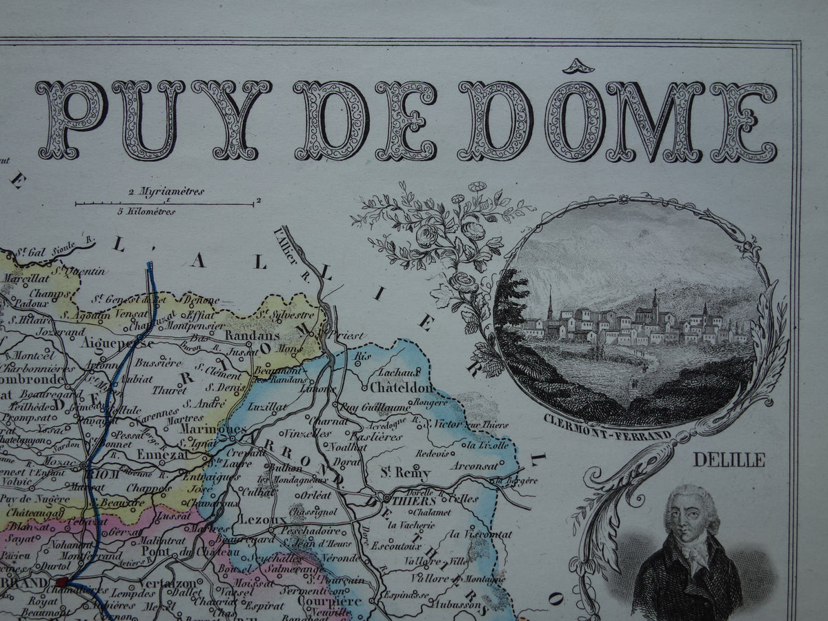Oude kaart van Puy-de-Dôme departement in Frankrijk uit 1856 originele oude handgekleurde landkaart Clermont-Ferrant Puy de Dome