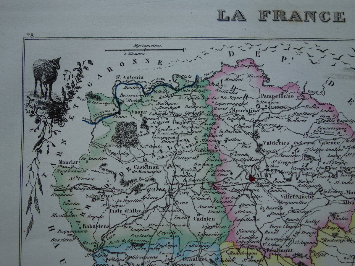 Oude kaart van TARN departement in Frankrijk uit 1856 originele antieke handgekleurde landkaart Albi Castres Gaillac Graulhet Carmaux