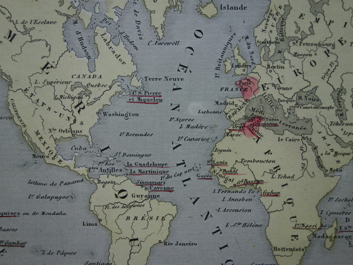 World map with French colonies from 1870 original antique old hand-colored map France
