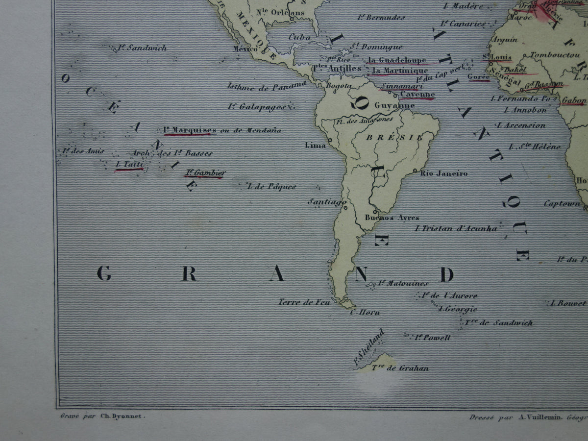 World map with French colonies from 1870 original antique old hand-colored map France