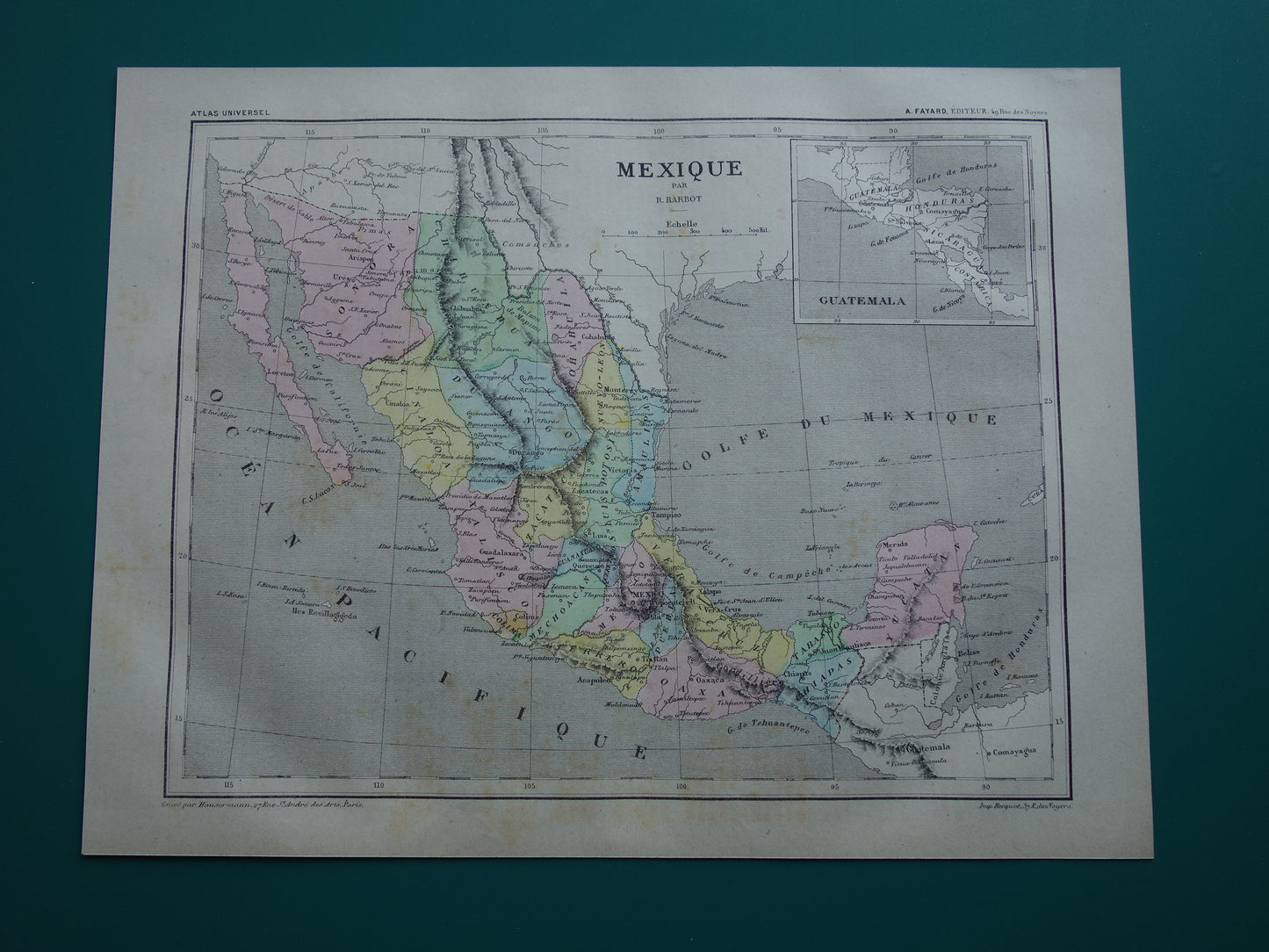 MEXICO old hand colored map of Mexico from 1877 original antique French map