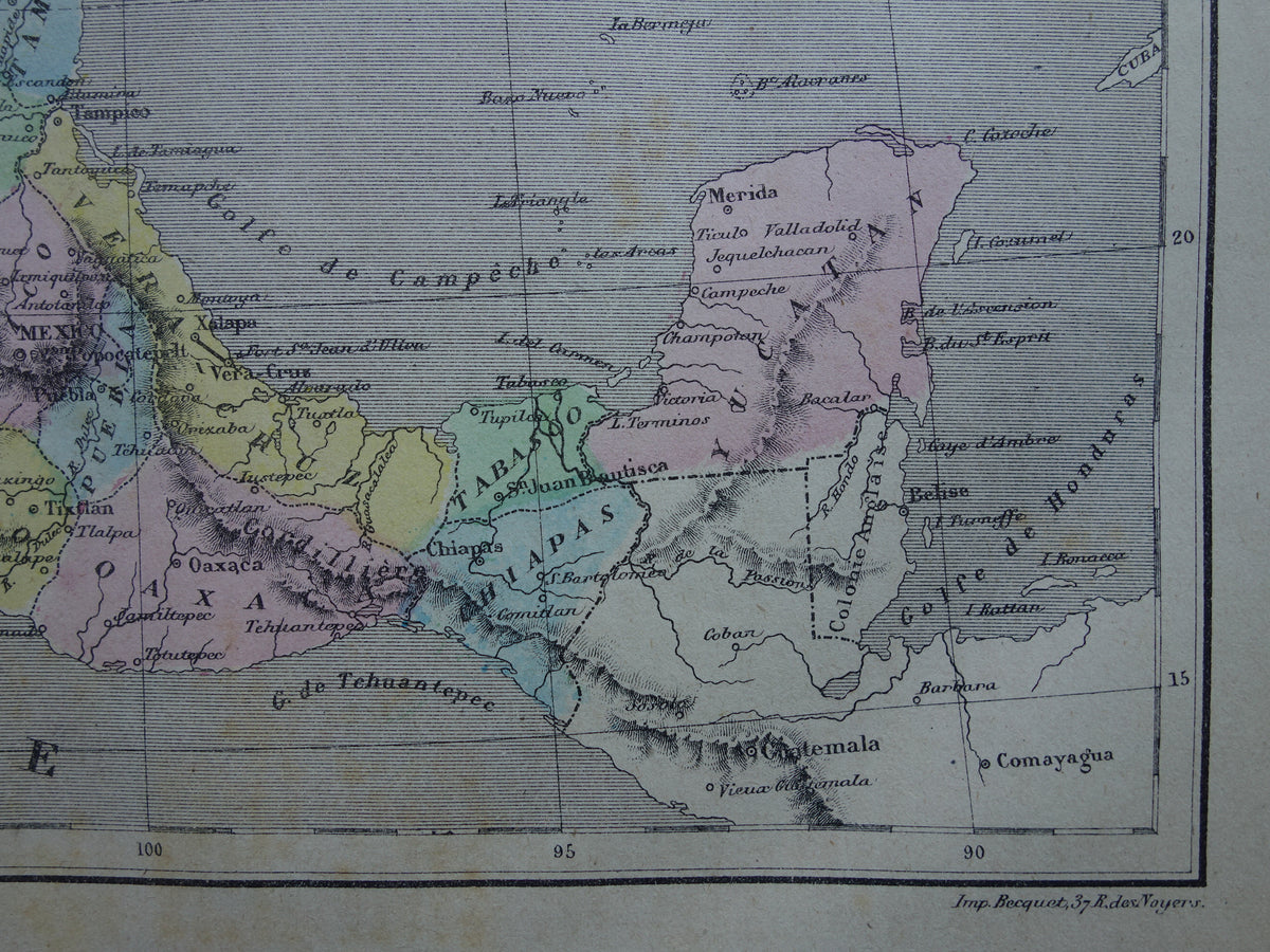 MEXICO old hand colored map of Mexico from 1877 original antique French map