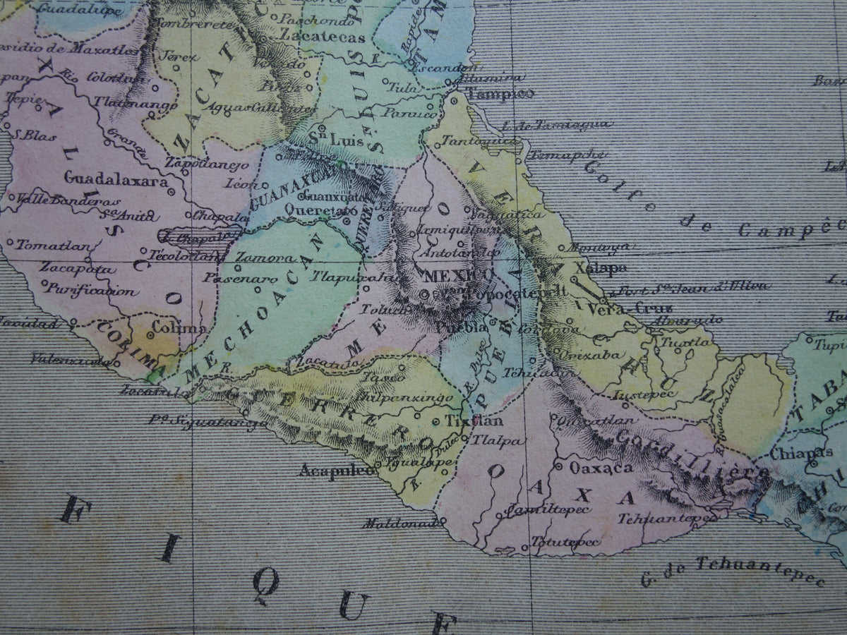 MEXICO old hand colored map of Mexico from 1877 original antique French map