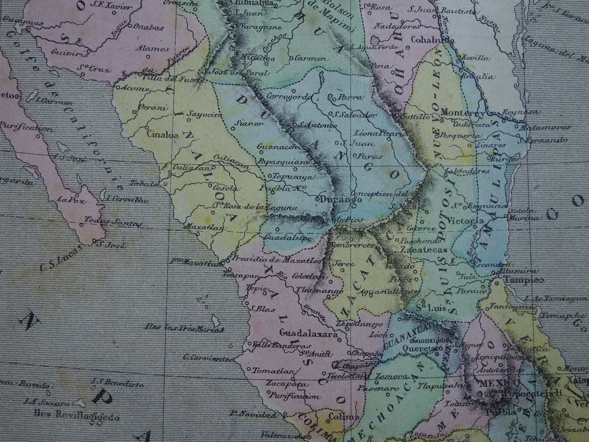 MEXICO old hand colored map of Mexico from 1877 original antique French map