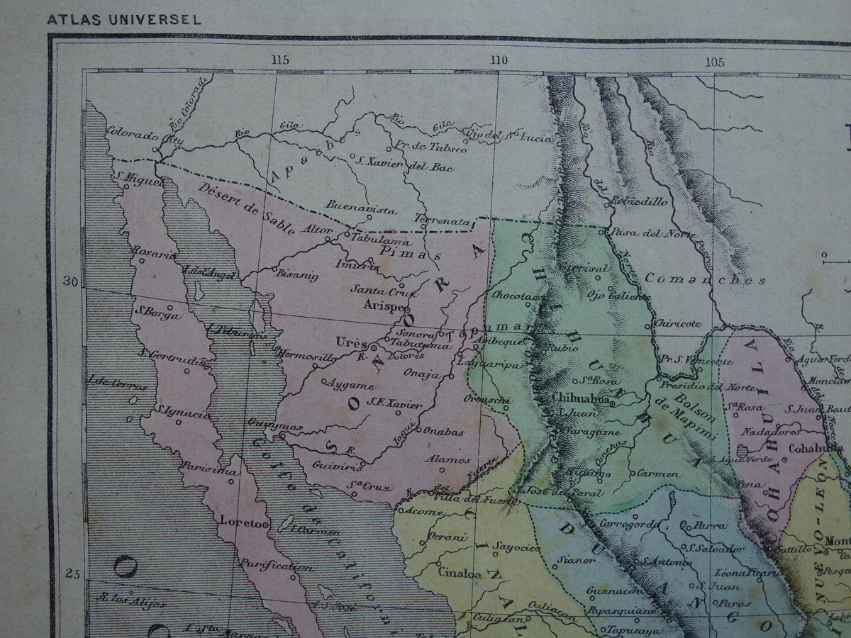 MEXICO old hand colored map of Mexico from 1877 original antique French map