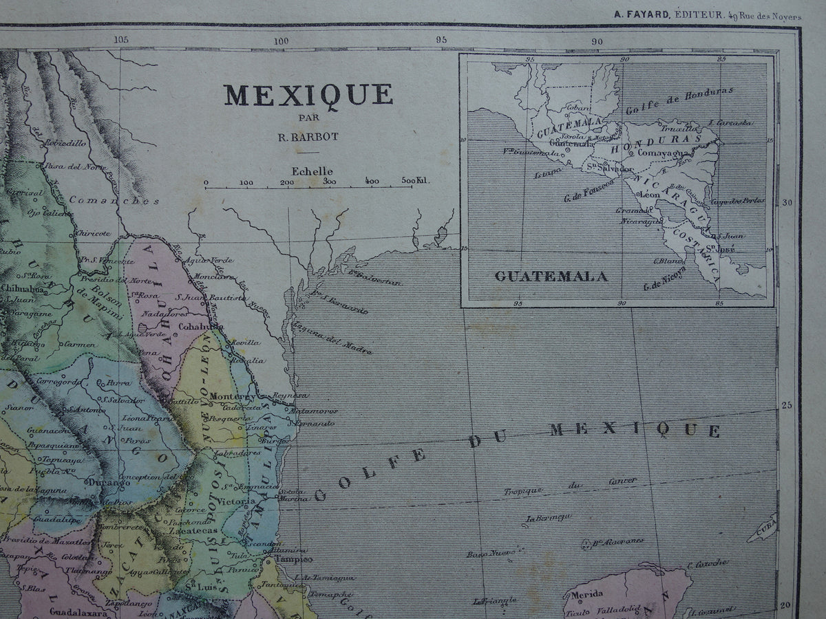 MEXICO old hand colored map of Mexico from 1877 original antique French map