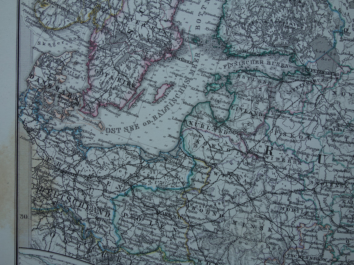 RUSLAND Oude kaart van Europees Rusland originele antieke handgekleurde landkaart uit 1875 met jaartal en kaarten van Moskou en Sint-Petersburg