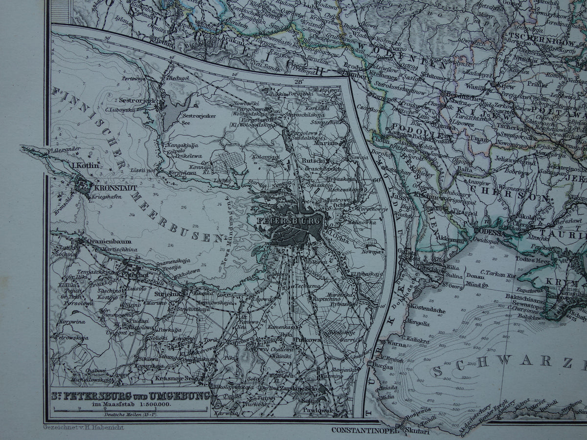RUSLAND Oude kaart van Europees Rusland originele antieke handgekleurde landkaart uit 1875 met jaartal en kaarten van Moskou en Sint-Petersburg