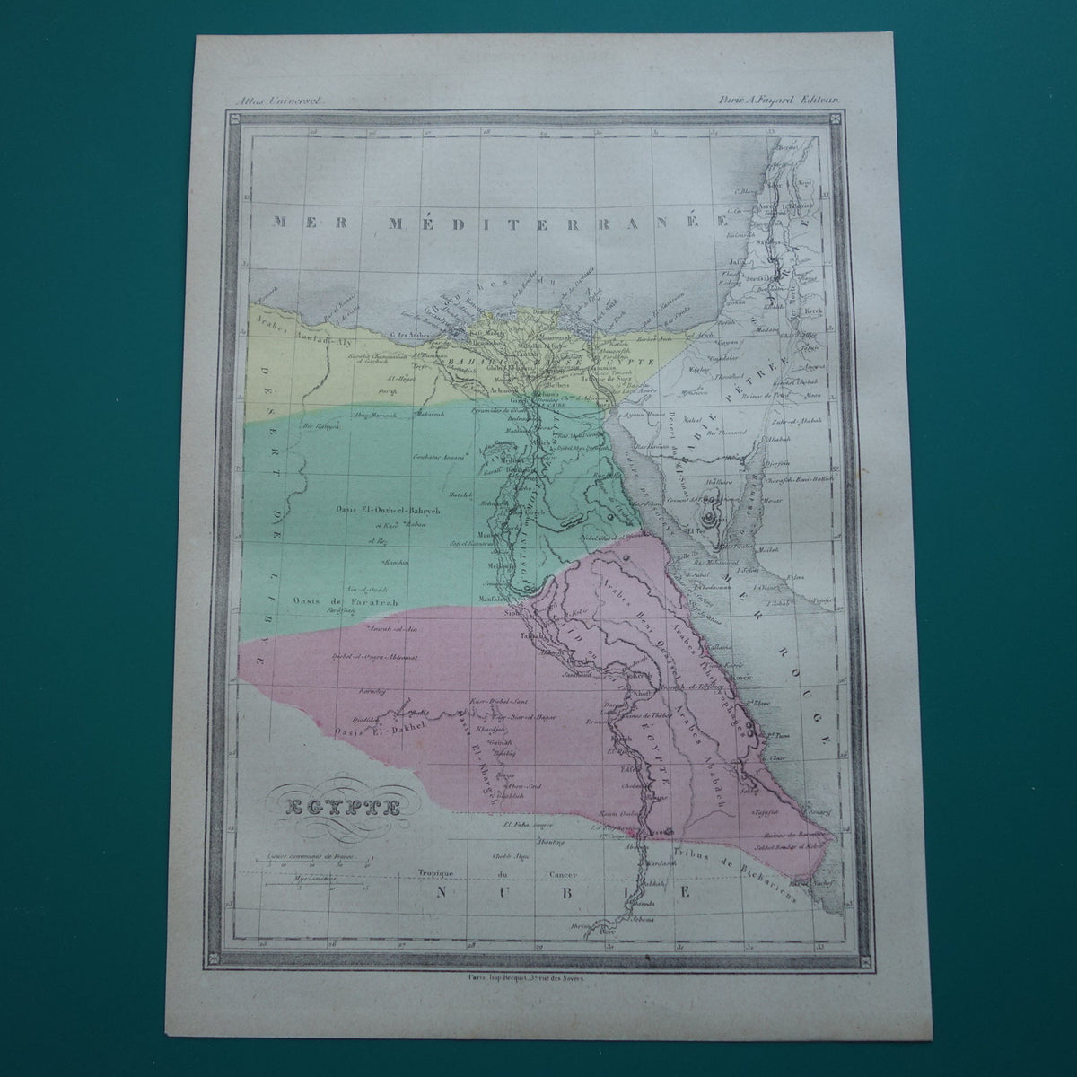 Oude kaart van Egypte uit 1877 antieke Franse handgekleurde landkaart van Egypte