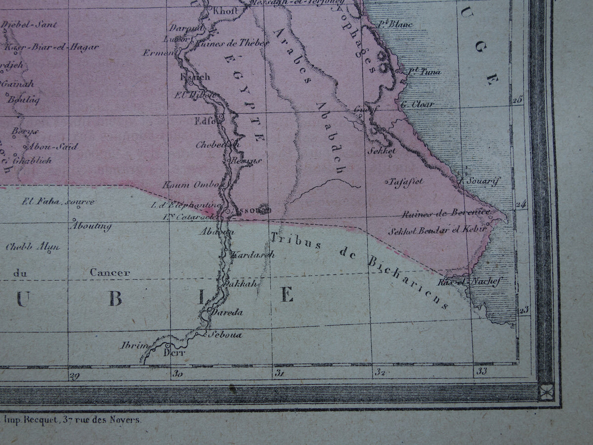 Old map of Egypt from 1877 antique French hand-colored map of Egypt