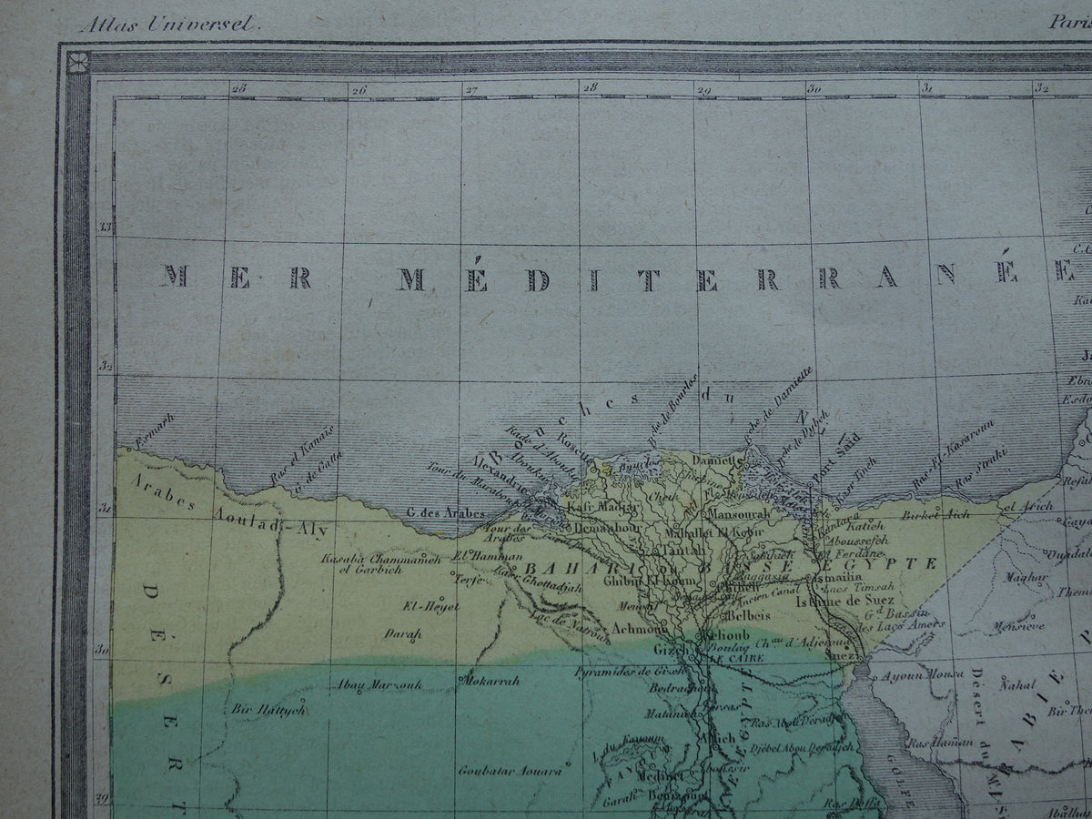 Old map of Egypt from 1877 antique French hand-colored map of Egypt
