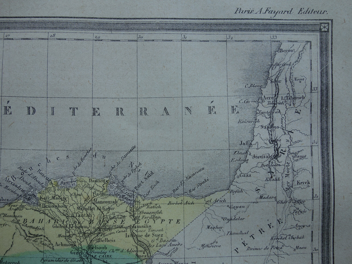 Old map of Egypt from 1877 antique French hand-colored map of Egypt