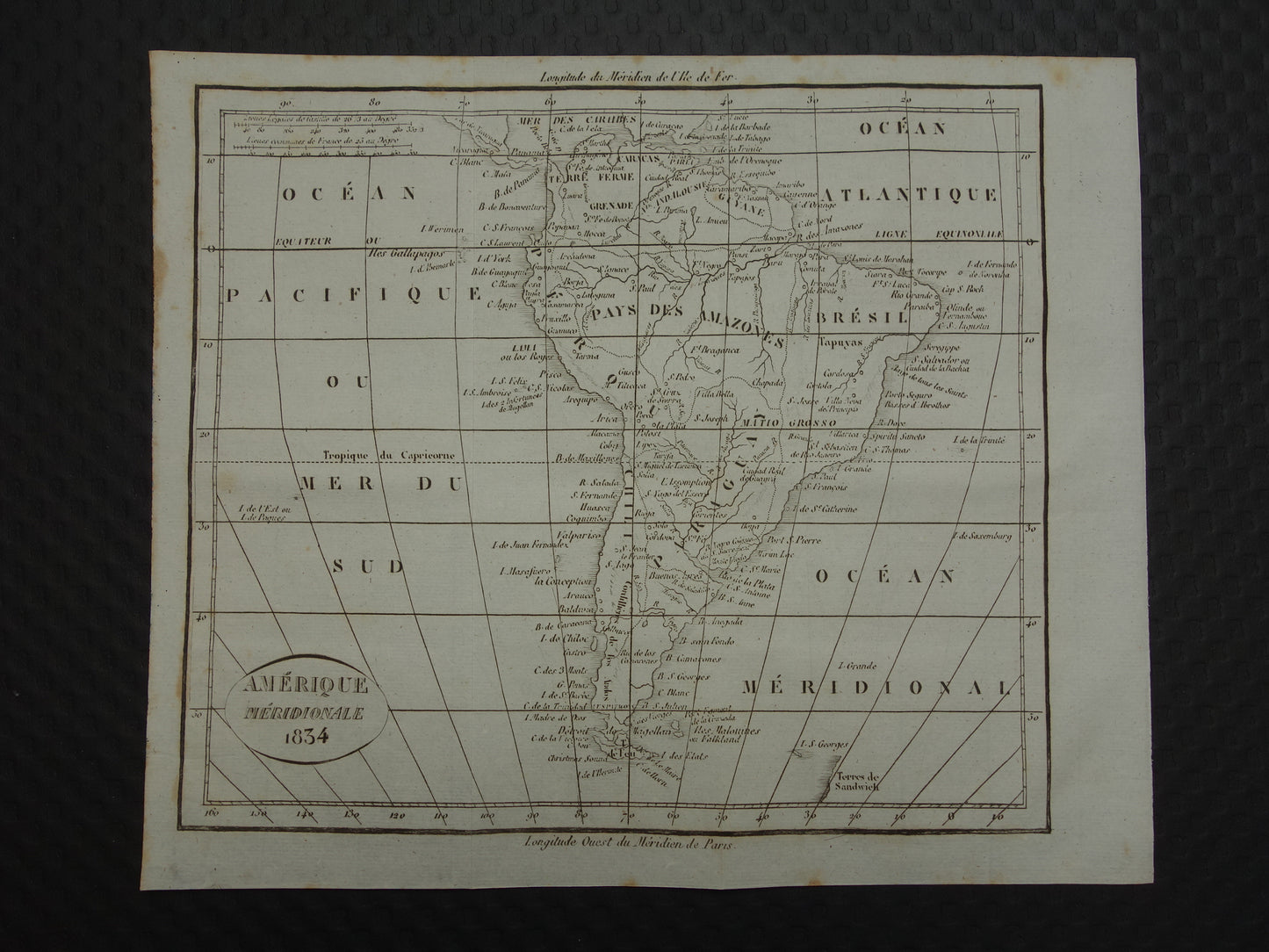 SOUTH AMERICA old French map from 1834 with date - antique map of continent South America