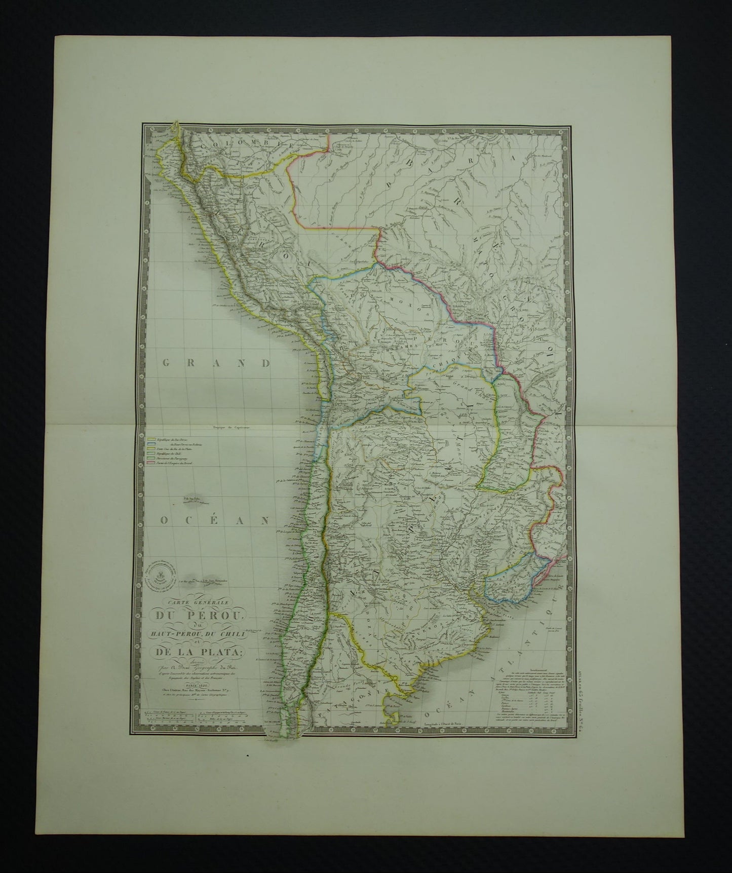 South America large old French map of Peru Bolivia Argentina Paraguay original antique hand colored map