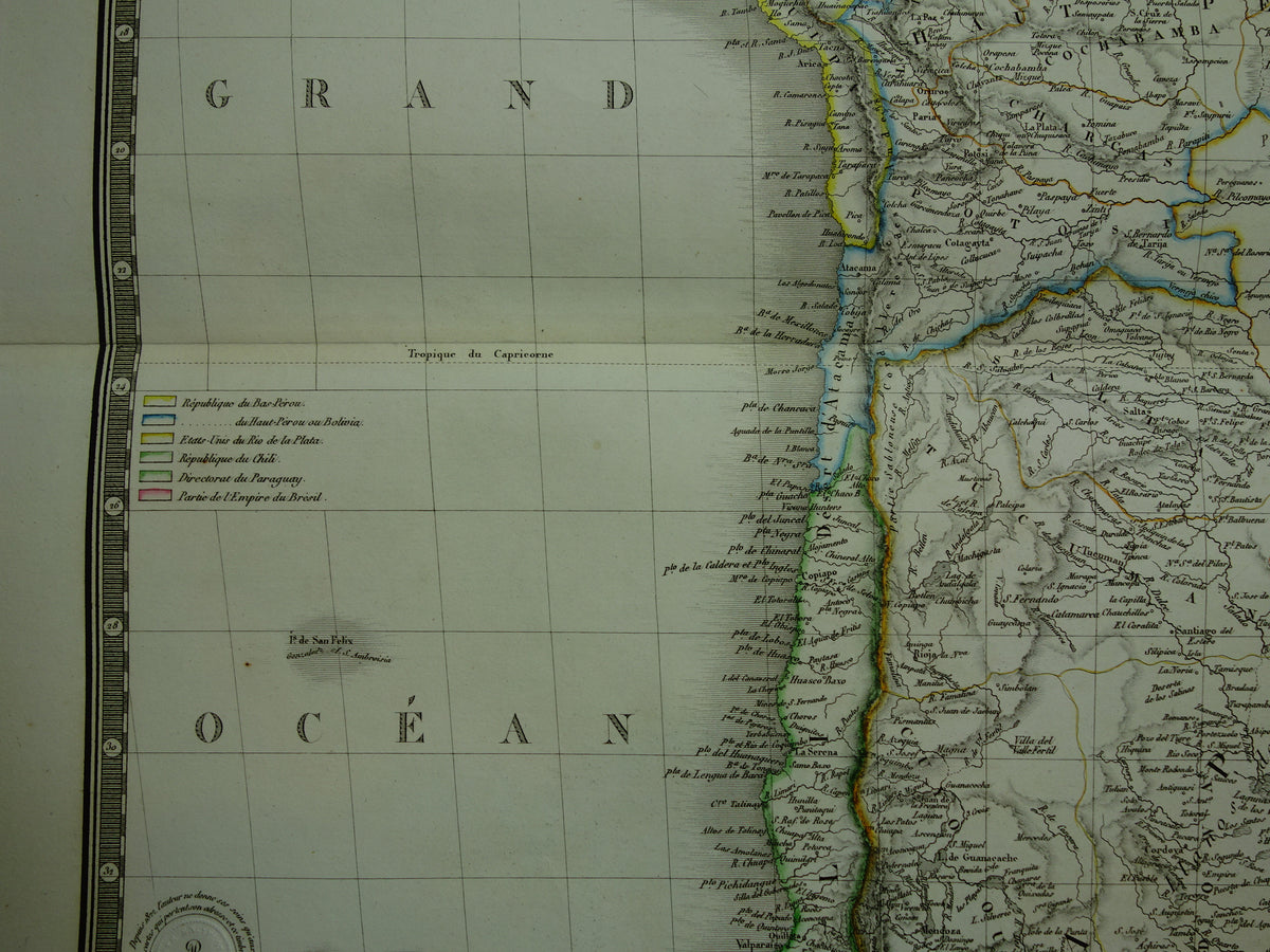 Zuid-Amerika grote oude Franse kaart van Peru Bolivia Argentinië Paraguay originele antieke handgekleurde landkaart
