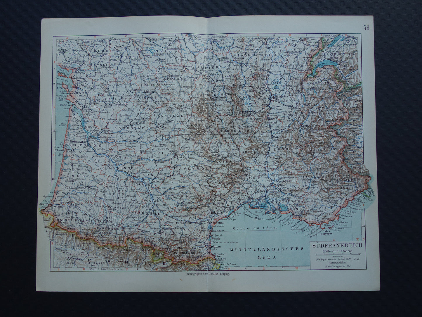 FRANCE old map of Southern France 1905 original antique German map