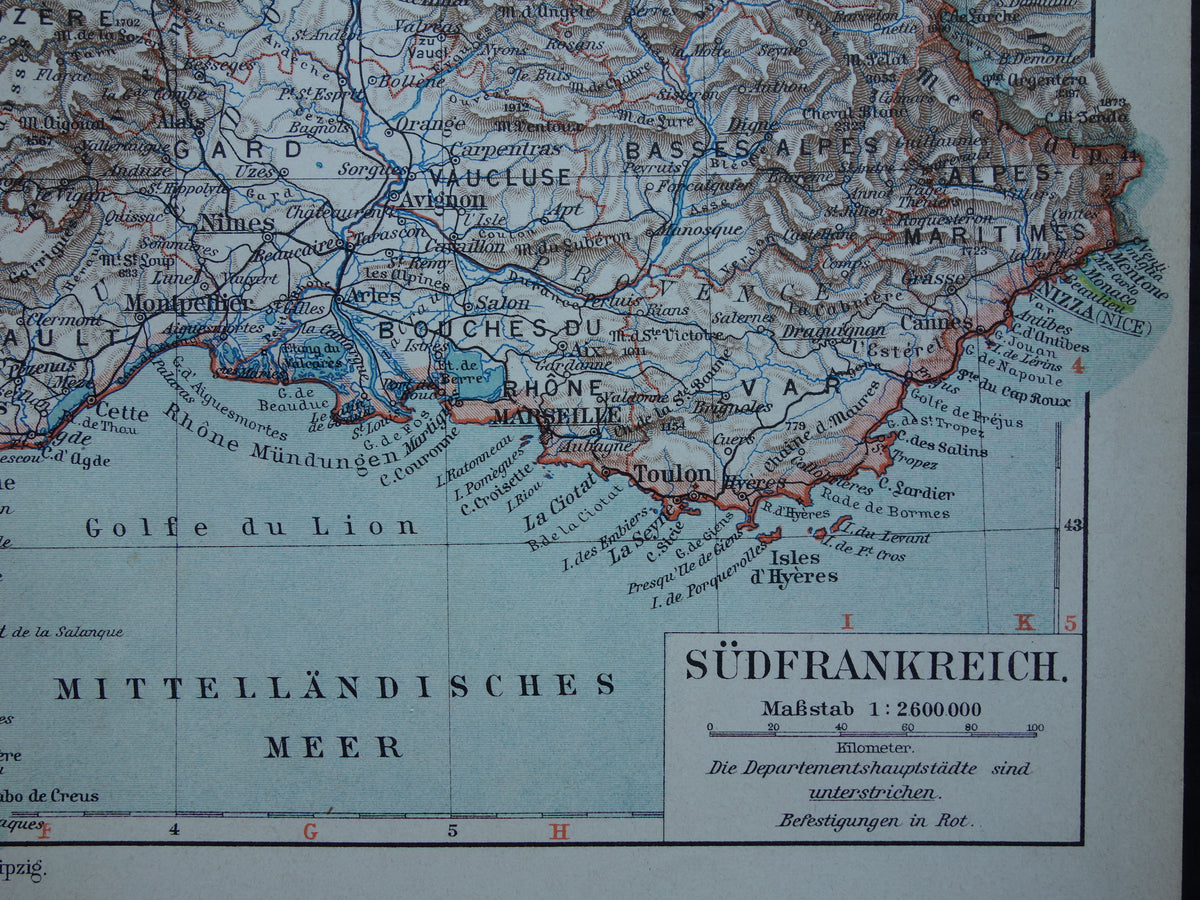 FRANKRIJK oude kaart van Zuid-Frankrijk 1905 originele antieke Duitse landkaart