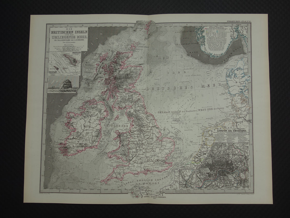 NOORDZEE Oude kaart van Britse eilanden Nederland 1877 originele oude antieke Duitse landkaart / zeekaart Engeland