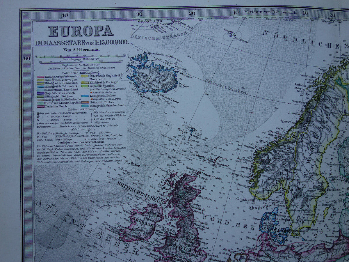 EUROPE old map of Europe from 1876 original antique German map of the continent of Europe