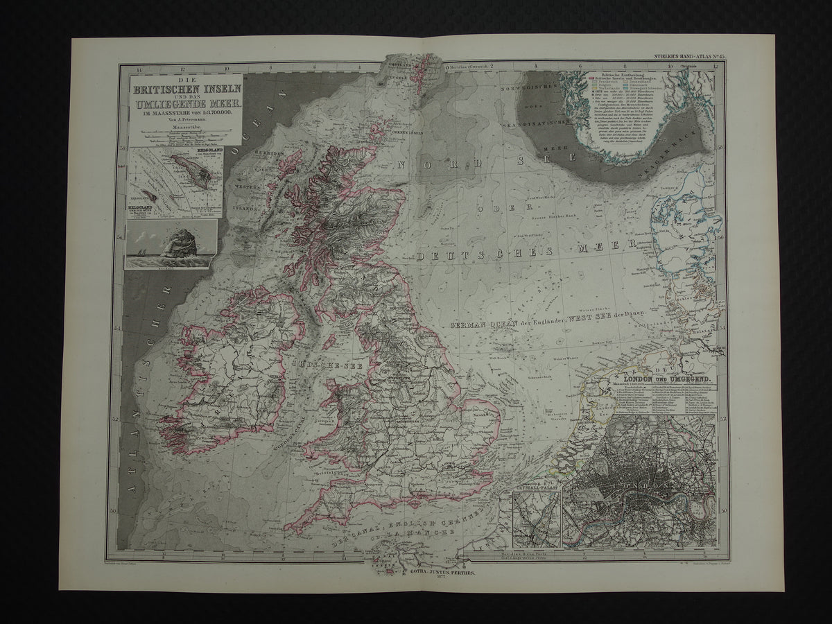 NOORDZEE Oude kaart van Britse eilanden Nederland 1877 originele oude antieke Duitse landkaart / zeekaart Engeland