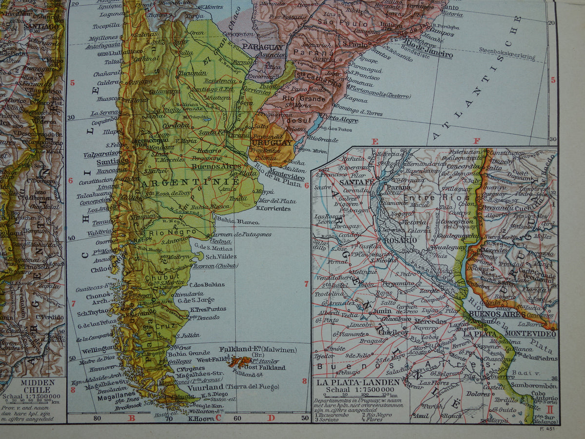 ZUID-AMERIKA Oude landkaart van continent uit 1939 originele historische Nederlandse kaart van Zuid-Amerika