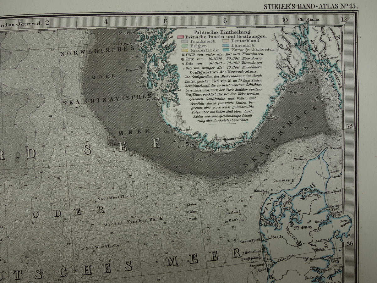 NOORDZEE Oude kaart van Britse eilanden Nederland 1877 originele oude antieke Duitse landkaart / zeekaart Engeland