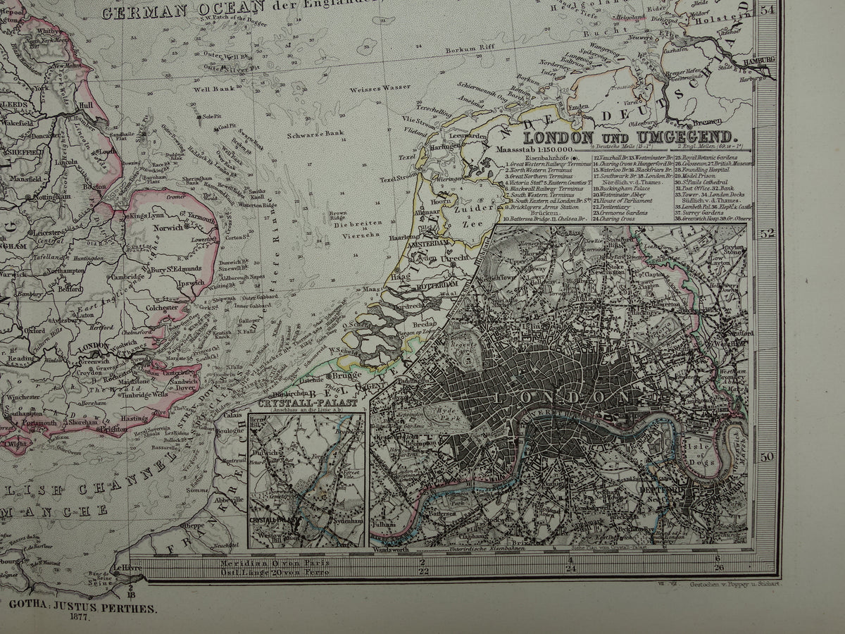 NOORDZEE Oude kaart van Britse eilanden Nederland 1877 originele oude antieke Duitse landkaart / zeekaart Engeland