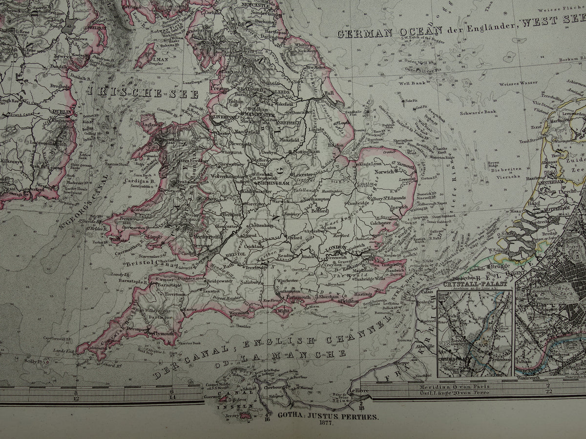NOORDZEE Oude kaart van Britse eilanden Nederland 1877 originele oude antieke Duitse landkaart / zeekaart Engeland