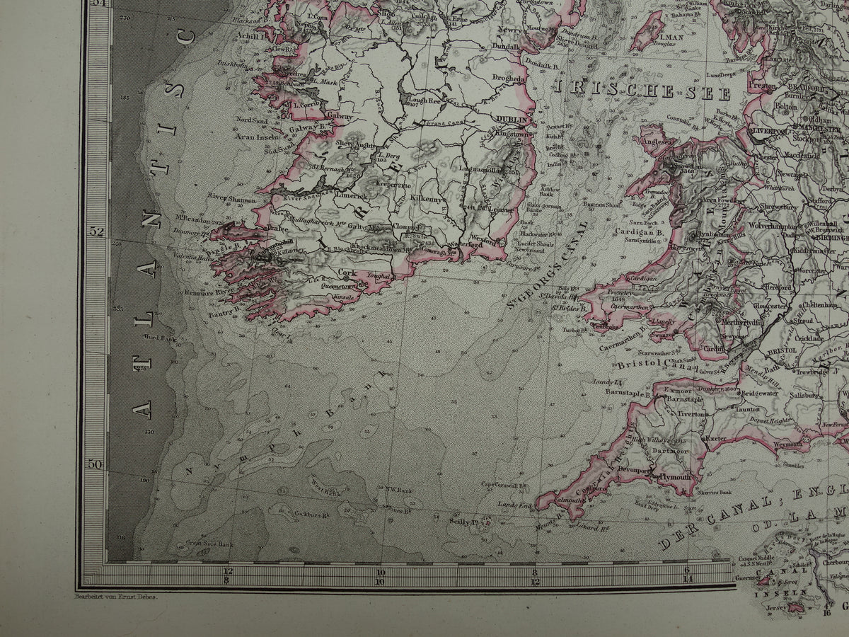NOORDZEE Oude kaart van Britse eilanden Nederland 1877 originele oude antieke Duitse landkaart / zeekaart Engeland