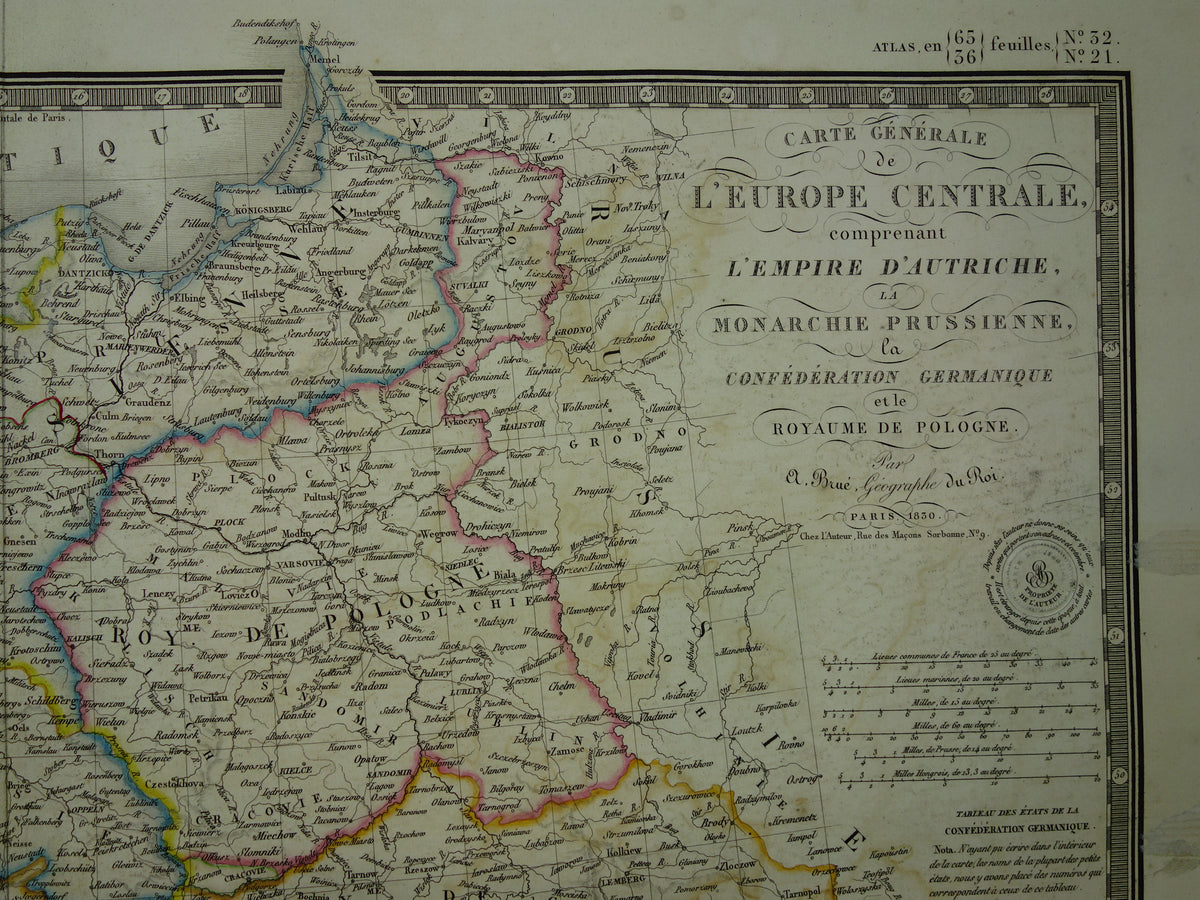 CENTRAL EUROPE old map from 1830 Germany Poland Austria Hungary Large original antique French map