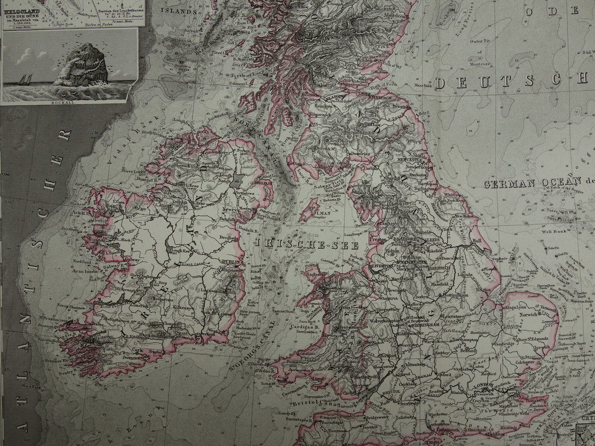 NOORDZEE Oude kaart van Britse eilanden Nederland 1877 originele oude antieke Duitse landkaart / zeekaart Engeland