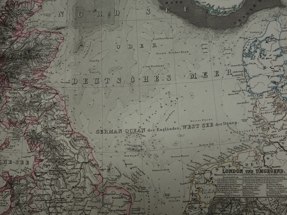 NOORDZEE Oude kaart van Britse eilanden Nederland 1877 originele oude antieke Duitse landkaart / zeekaart Engeland