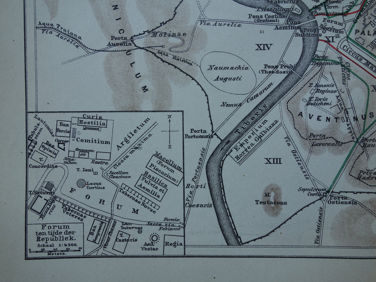 Oude plattegrond van Rome in de klassieke oudheid uit 1921 originele Nederlandse antieke kaart van Rome Forum Romanum