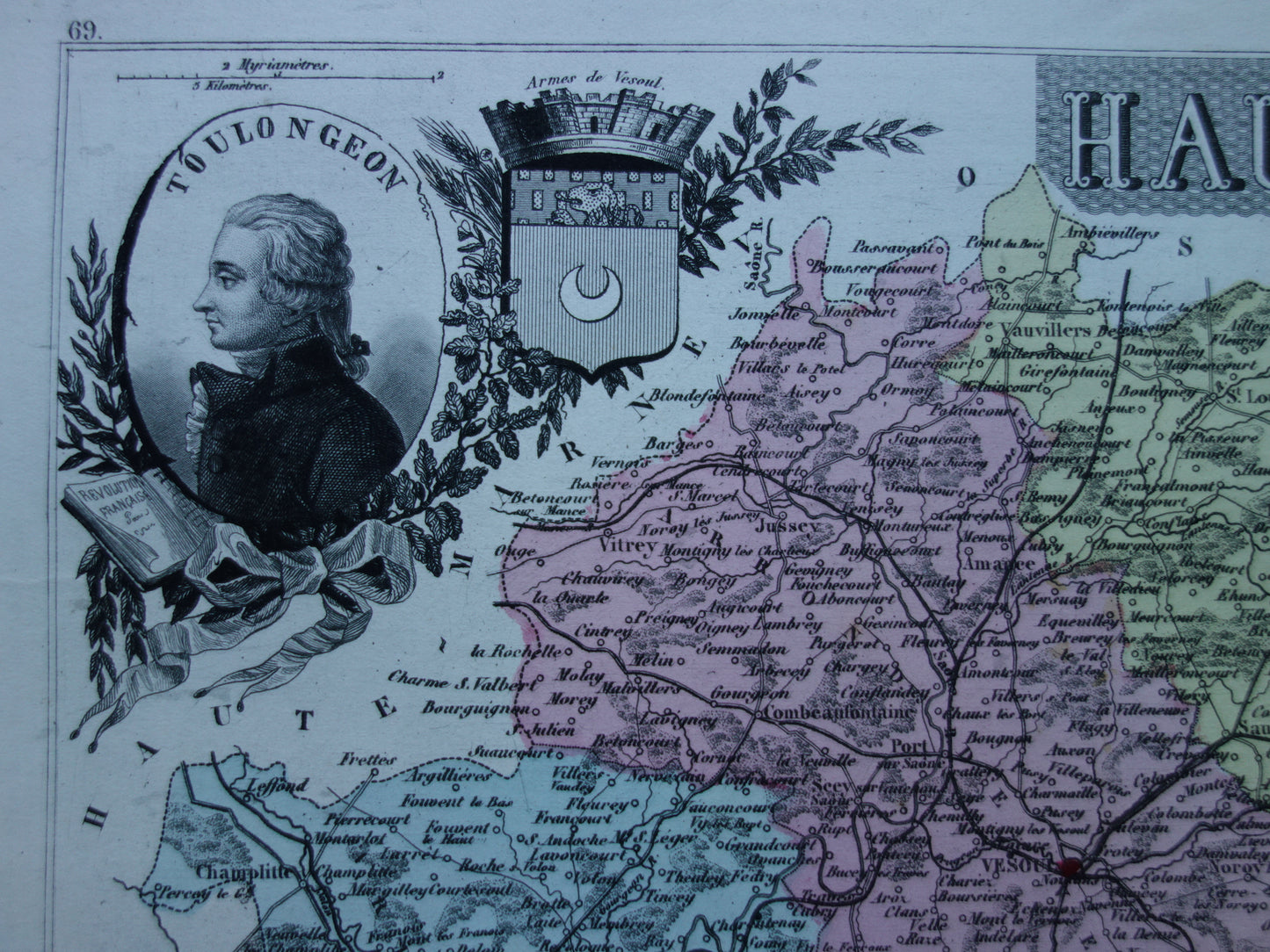 Haute-Saône department France old map 1872 original antique map Vesoul