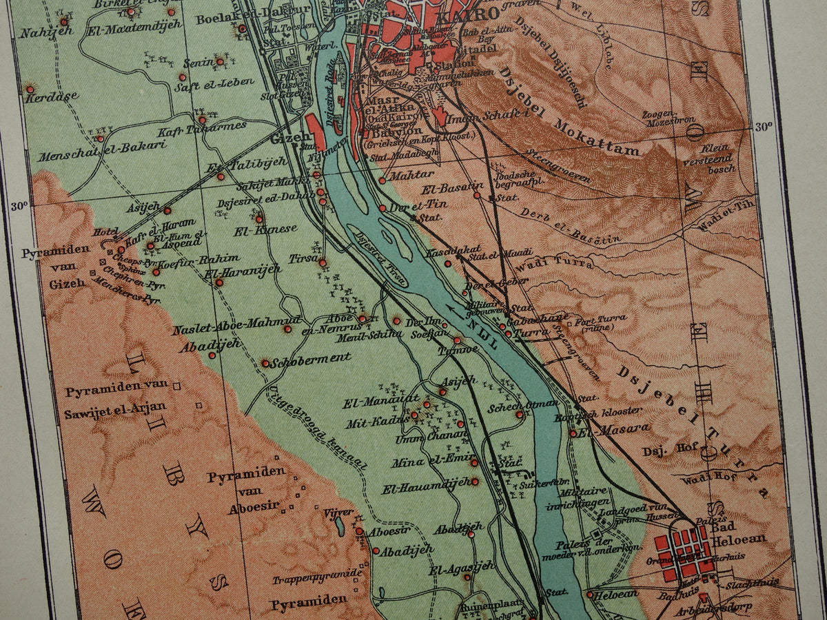 Oude kaart van Caïro Egypte uit 1909 antieke Nederlandse plattegrond van Cairo en de pyramiden