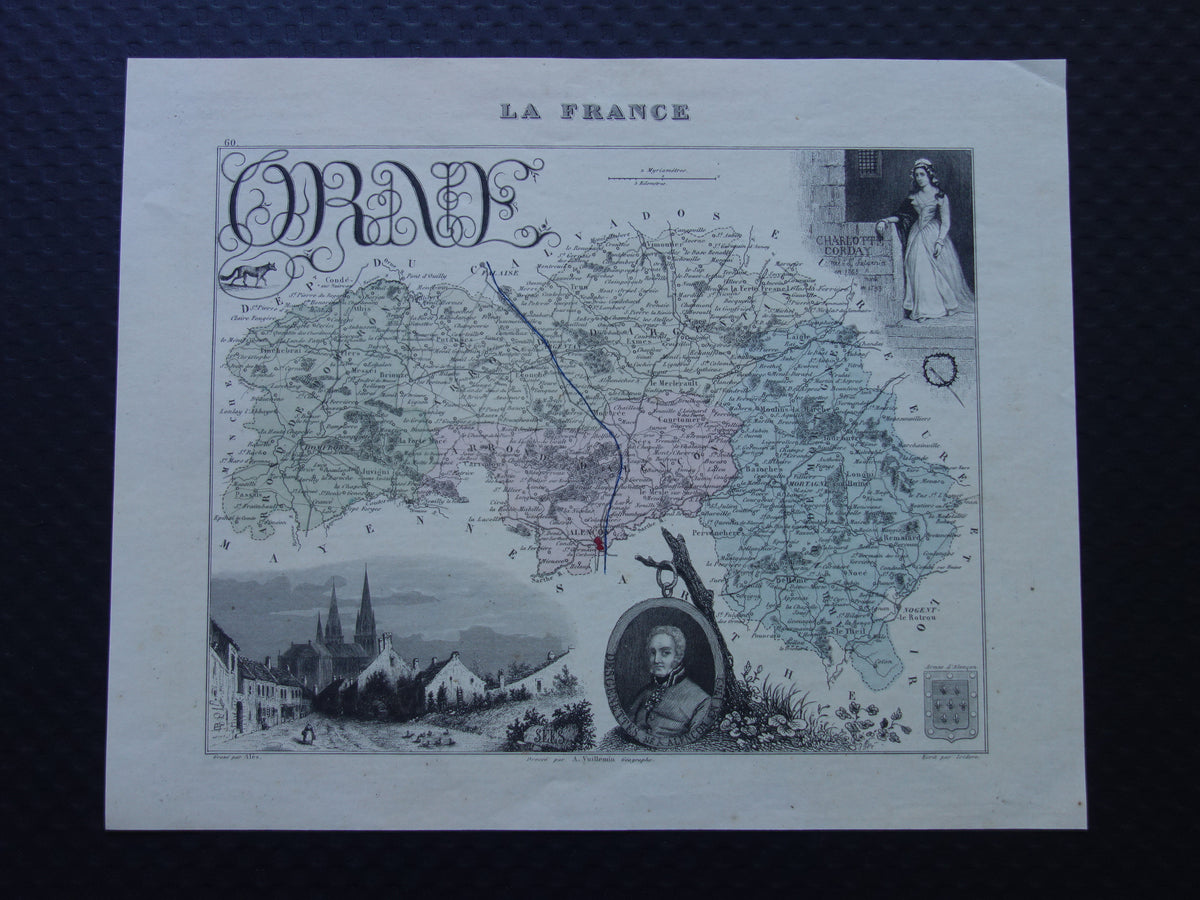 Oude kaart van ORNE departement in Frankrijk uit 1870 originele antieke handgekleurde landkaart Alençon Fiers Argentan Sees